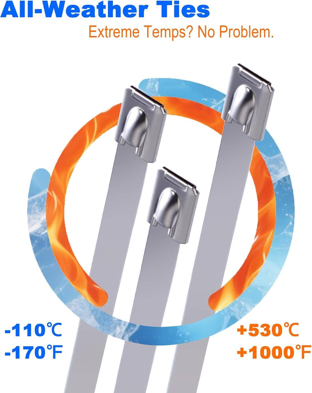 Metal zip ties with rectangular locking heads secured in a circular loop