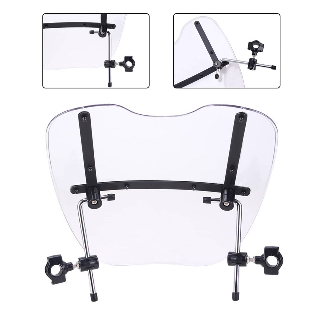 Clear motorcycle windshield with black side posts and adjustable clamp mounts.