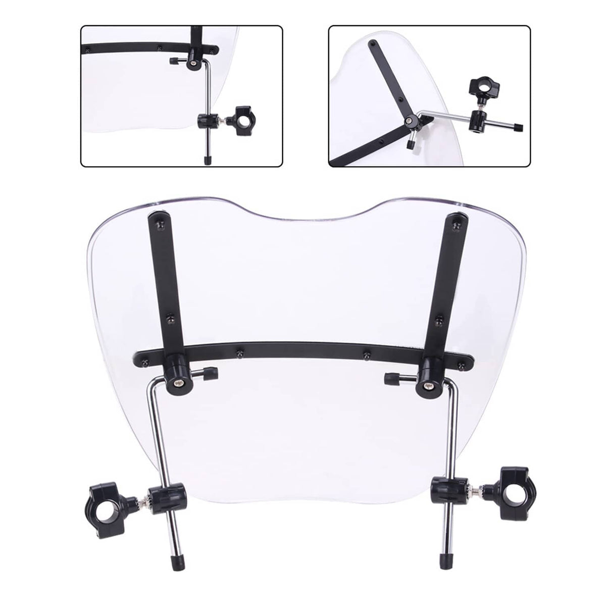 Clear motorcycle windshield with black side posts and adjustable clamp mounts.