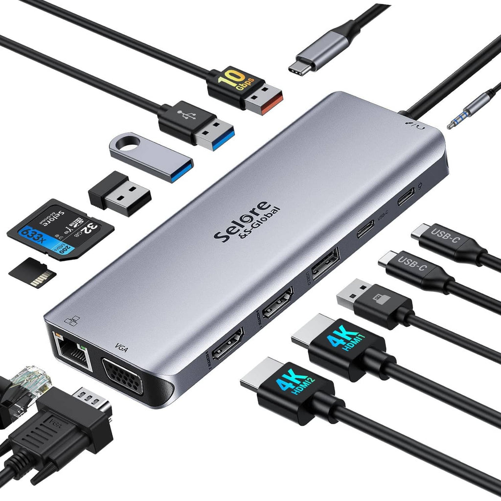 Silver multiport USB-C dock with Ethernet, HDMI, VGA, and USB-A ports