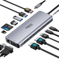 Silver multiport USB-C dock with Ethernet, HDMI, VGA, and USB-A ports
