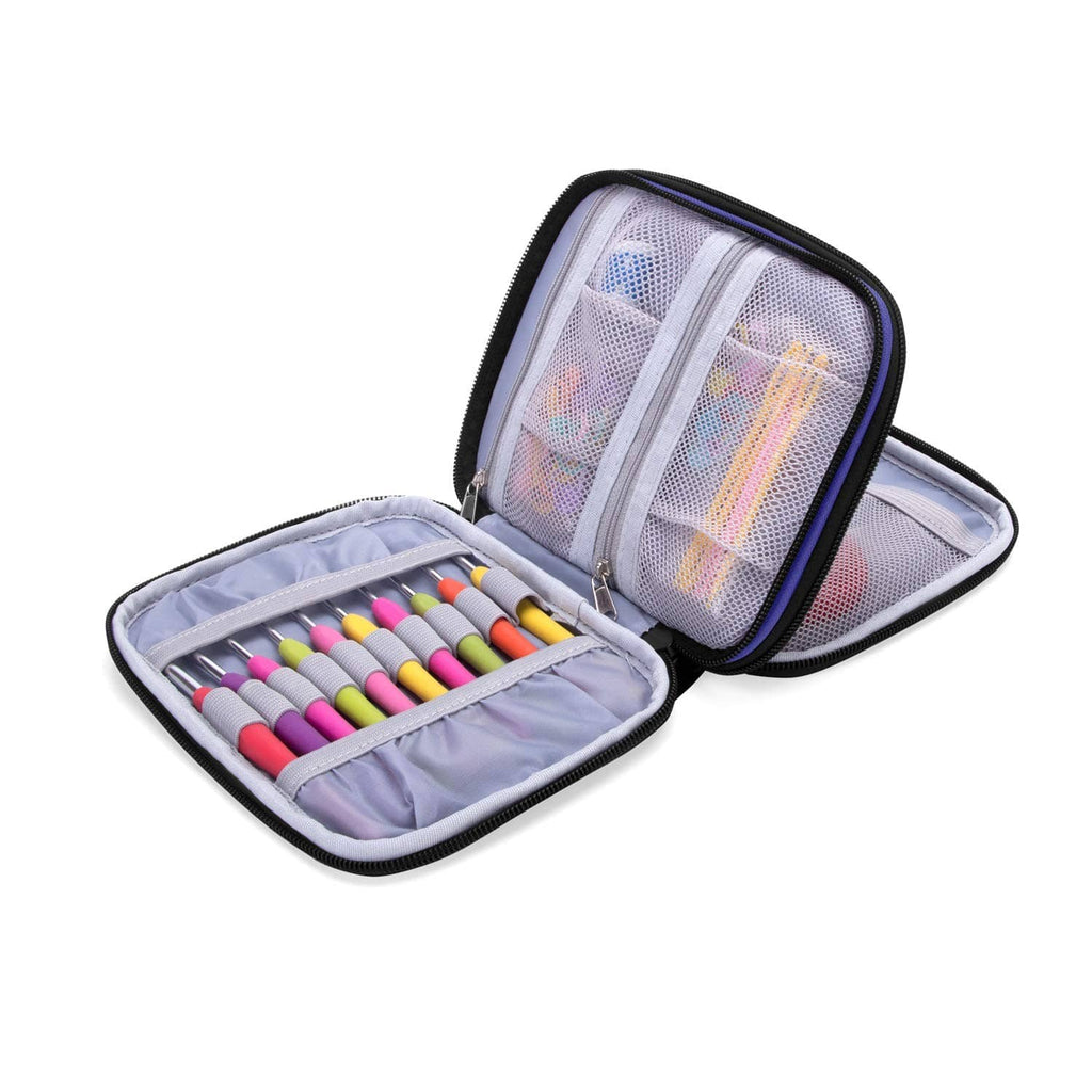 Damero crochet hook case with zipper, open view showing hook slots and clear mesh pocket