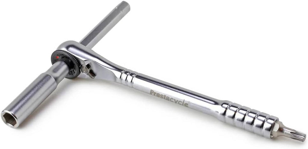 Silver chrome T-handle ratchet tool with extension for 1/4 hex drive