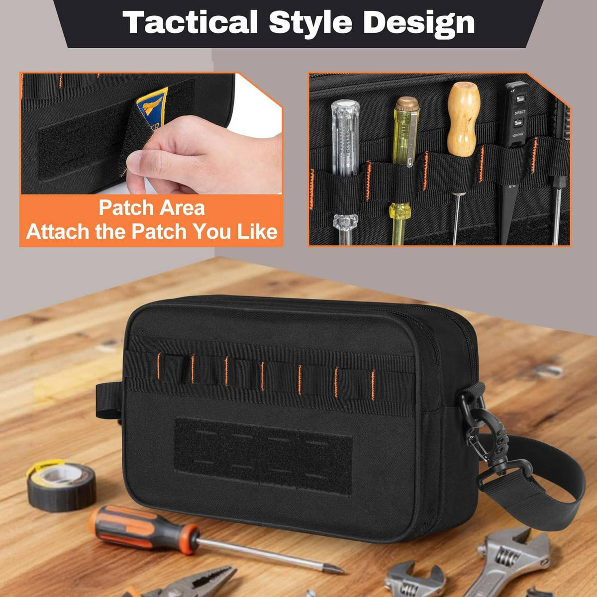 Black tool bag with top handle, front patch area and organizer slots