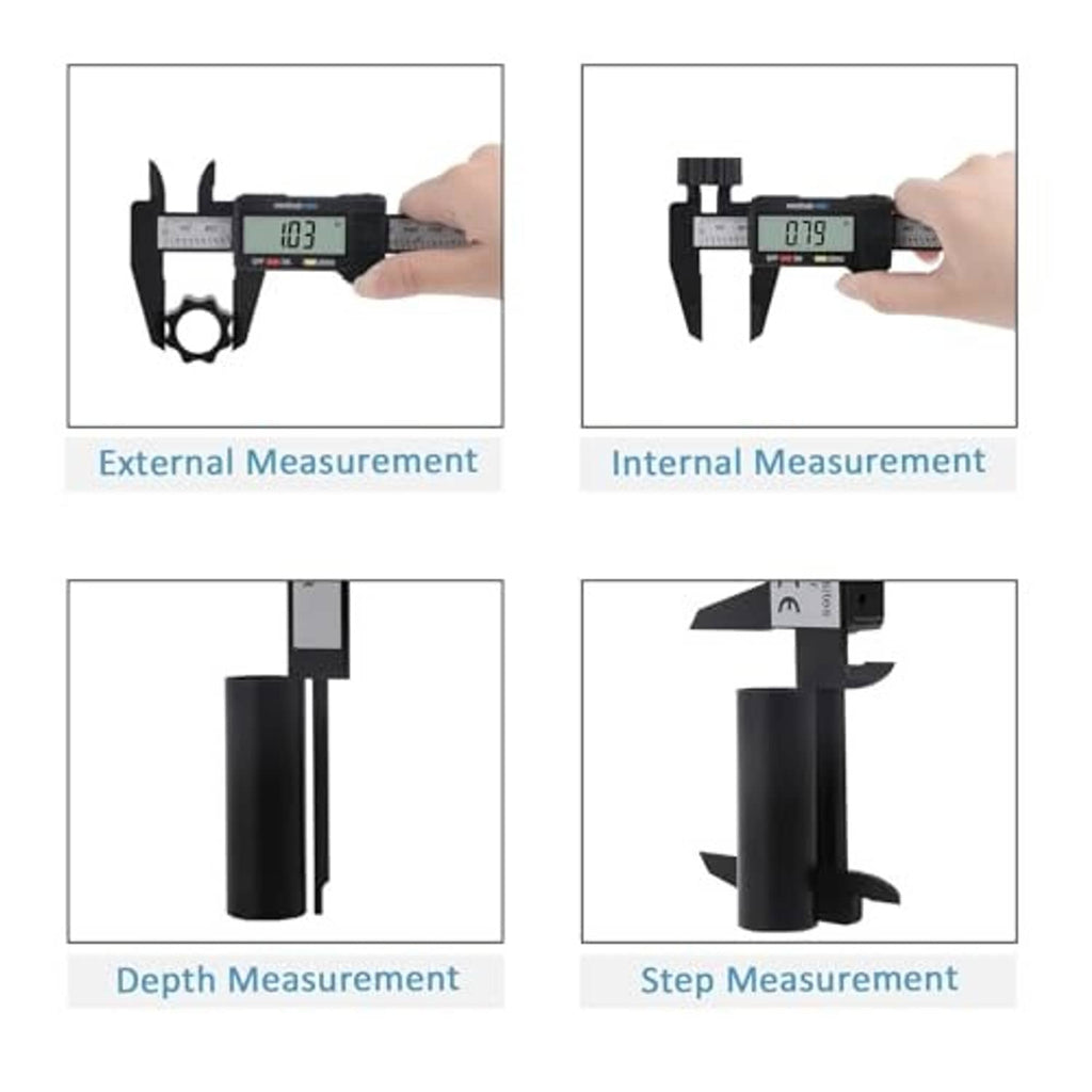 Digital caliper measurement examples: external, internal, depth, and step
