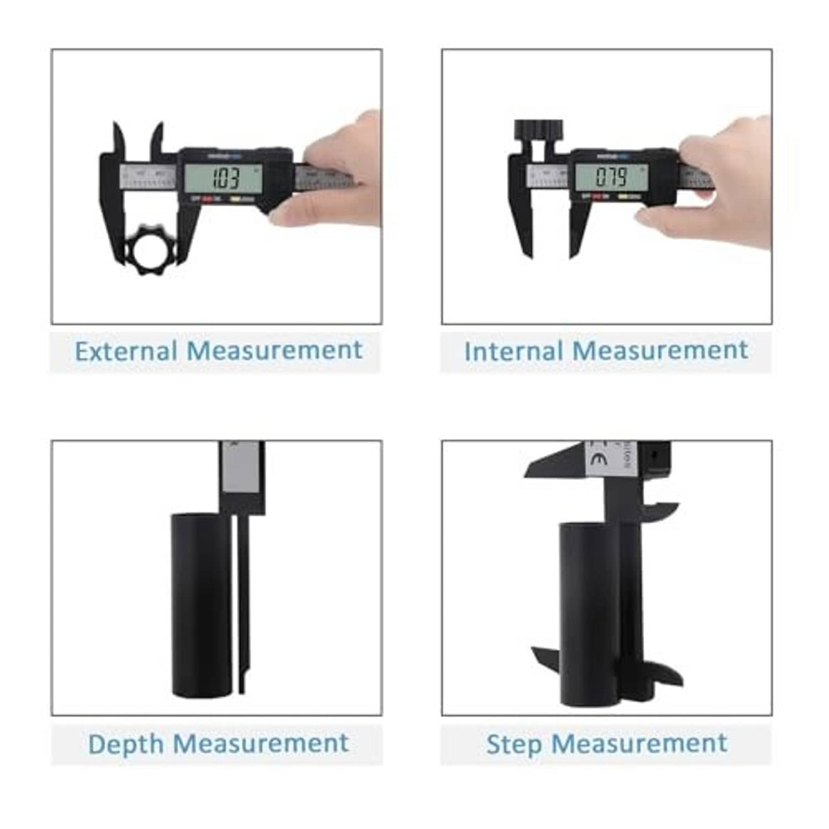 Digital caliper measurement examples: external, internal, depth, and step