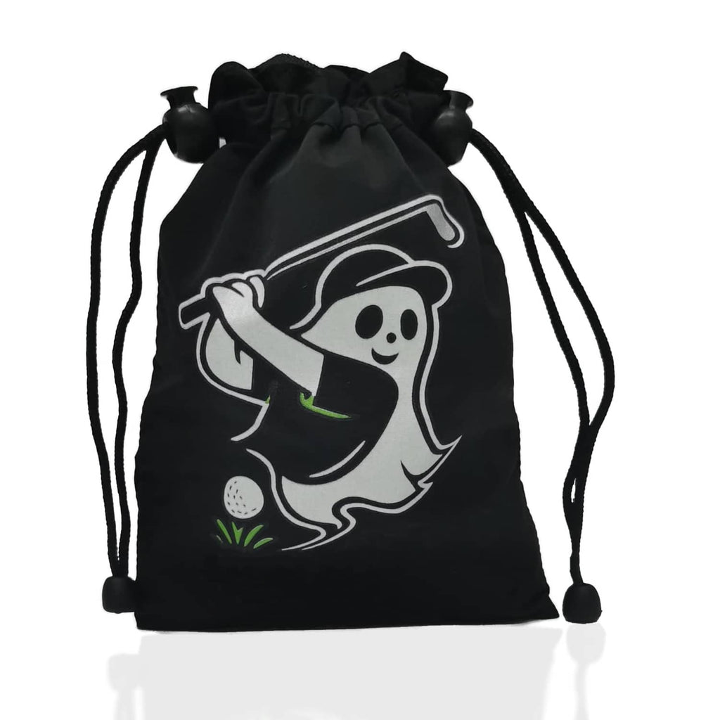 Black drawstring valuables pouch with white golfer graphic and corded drawstring ends.
