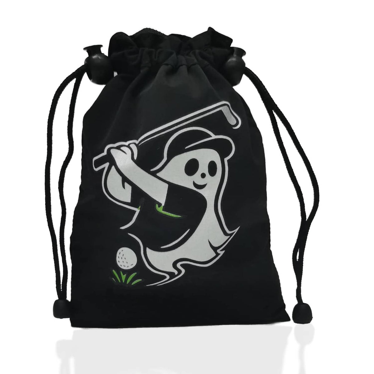 Black drawstring valuables pouch with white golfer graphic and corded drawstring ends.