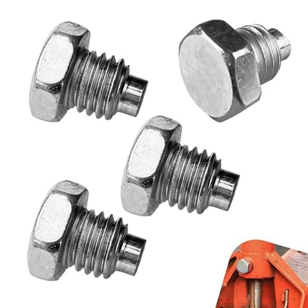 Four silver hex-head jack handle bolts, close-up with threaded ends