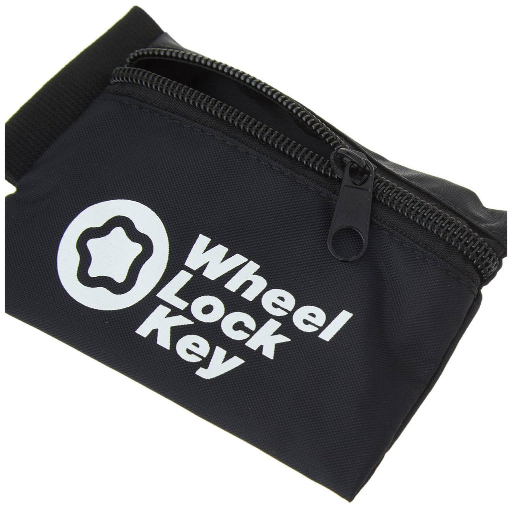 Black wheel lock key pouch with zipper and wrist strap, Wheel Lock Key logo