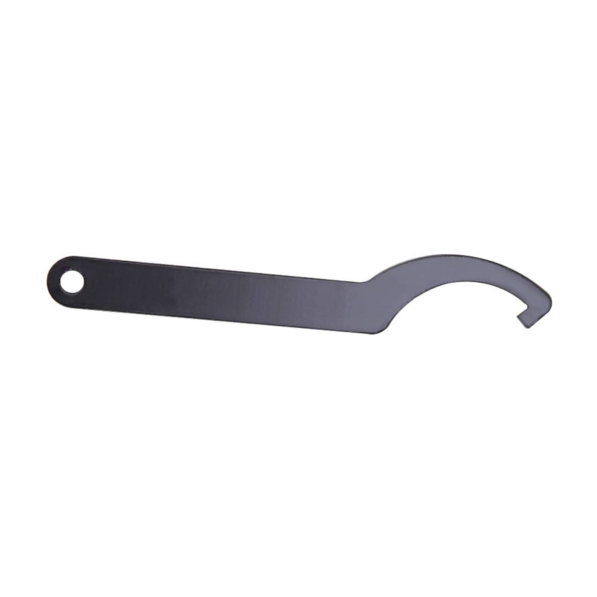 Shock spanner wrench tool, dark blue metal bar with curved hook end and hole