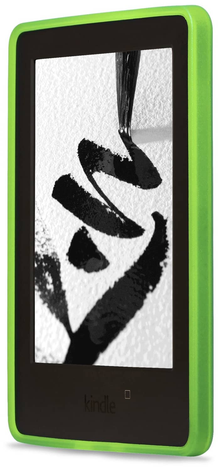 Green protective Kindle case front with dark bezel and screen window