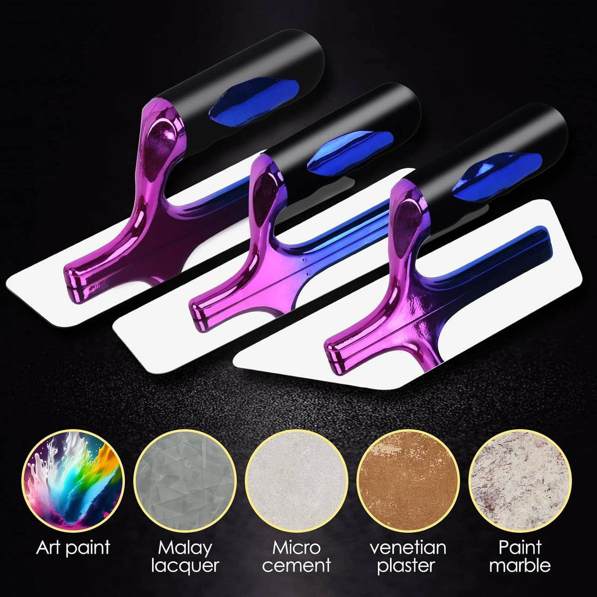 Set of 3 stainless venetian plaster trowels with magenta frames and blue accents