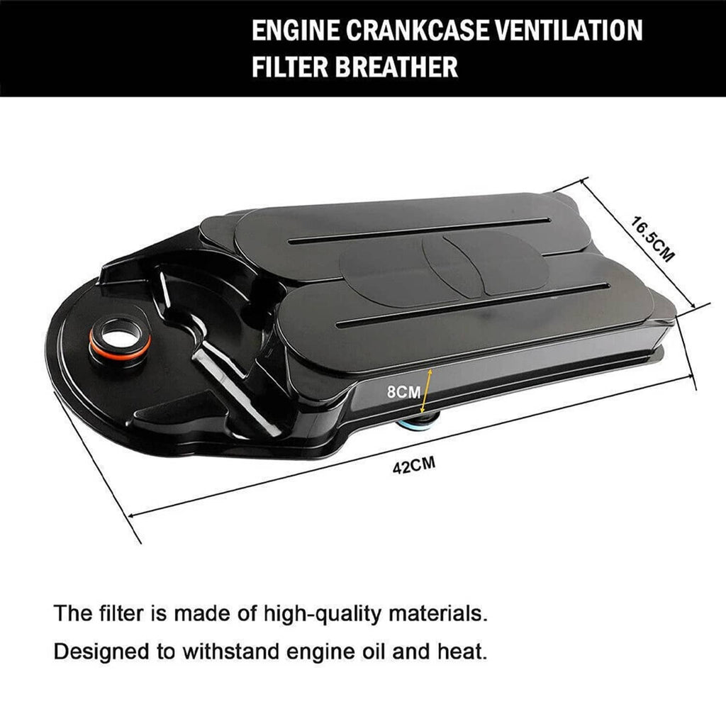 Black engine crankcase ventilation filter breather, elongated top cover with circular inlet