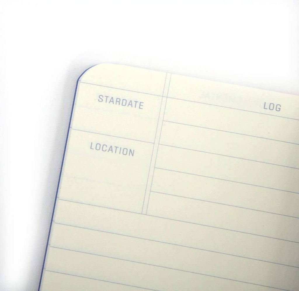 Close-up Captain's Log journal with Stardate and Location boxes on ruled pages