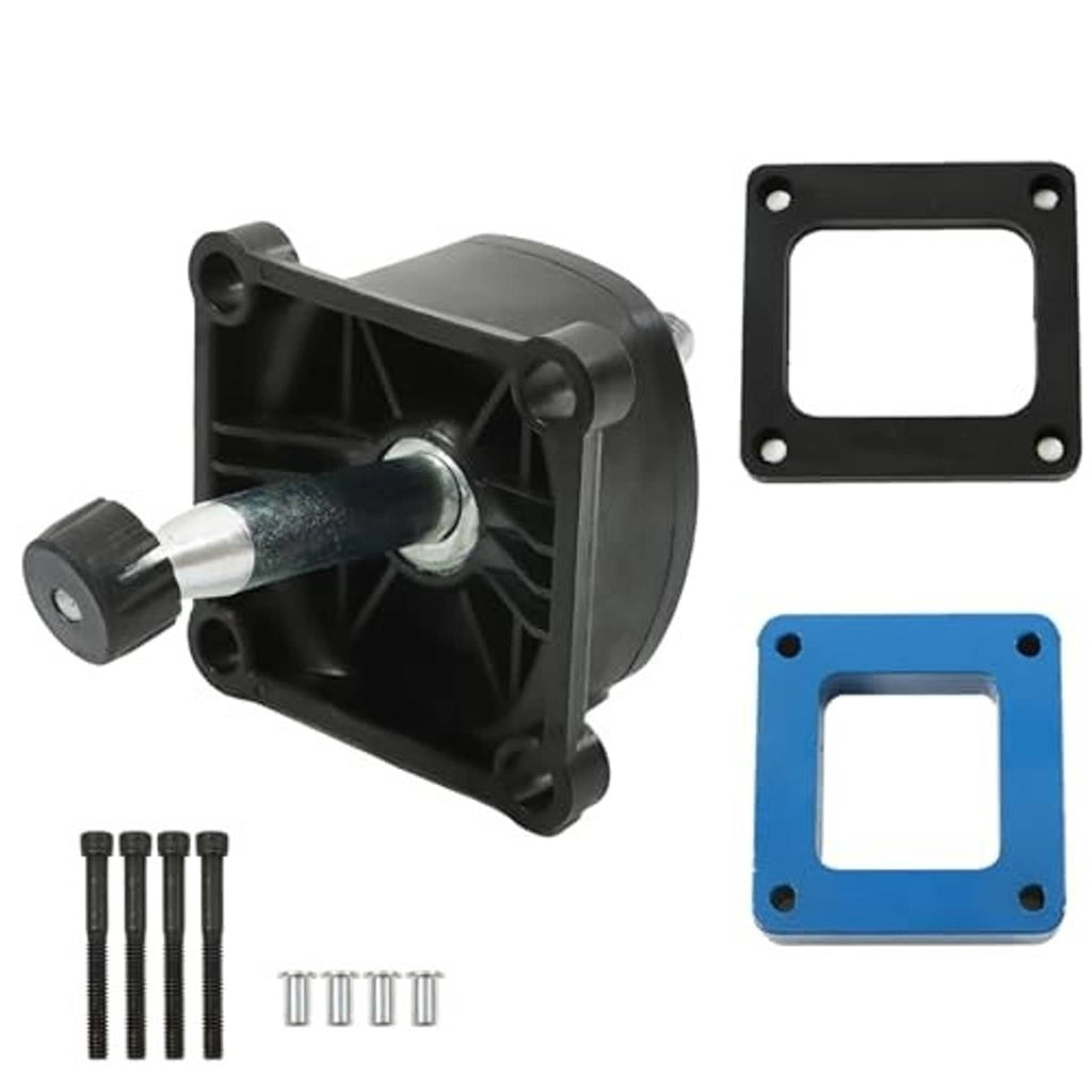 Short throw shifter replacement with black housing and silver shift rod, blue plate and hardware