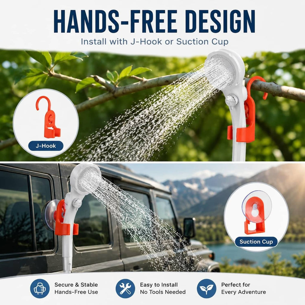 Hands-free portable showerhead with J-hook or suction cup mount and spray stream