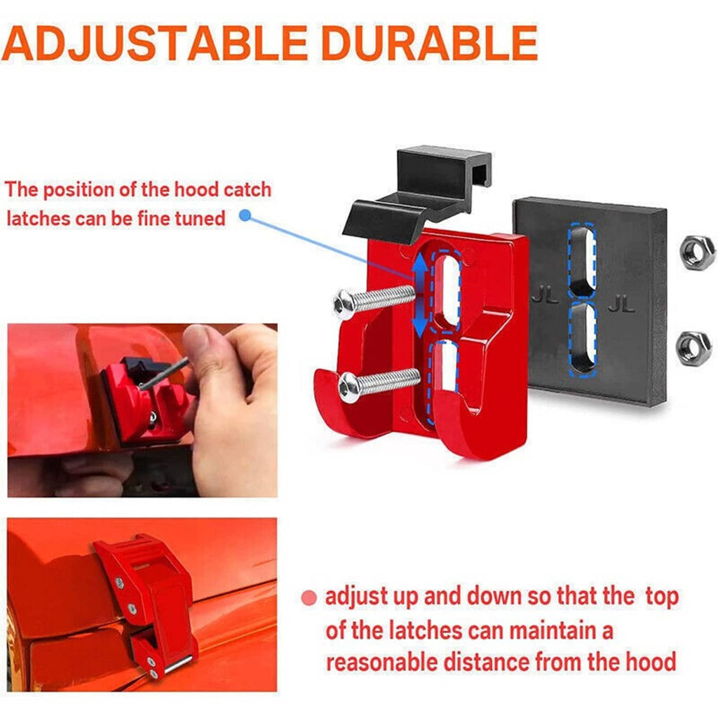 Red adjustable hood latch lock with mounting bolts and black instruction-style diagram parts