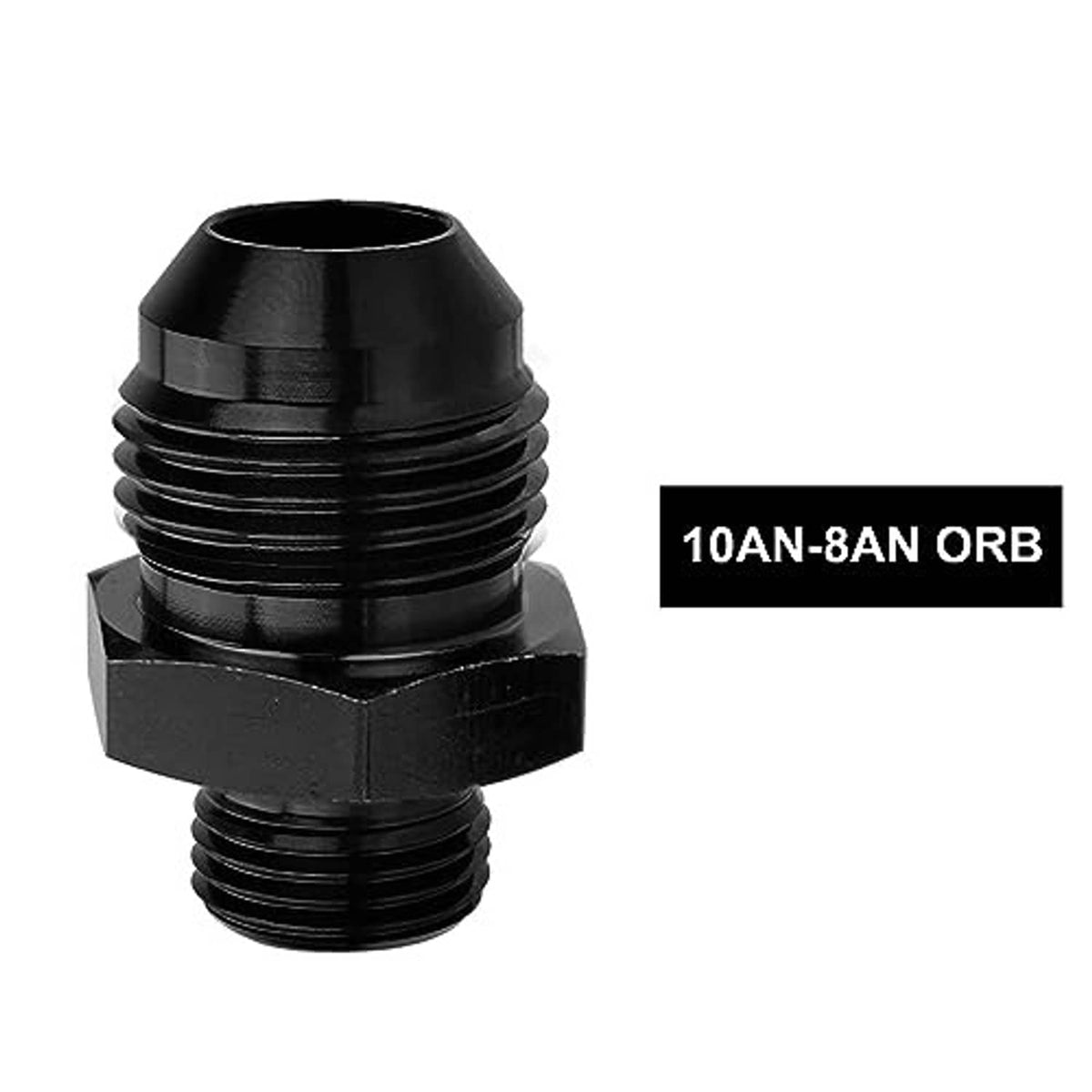 Black fuel rail adapter fitting, male ORB threads, 10AN to 8AN sizing