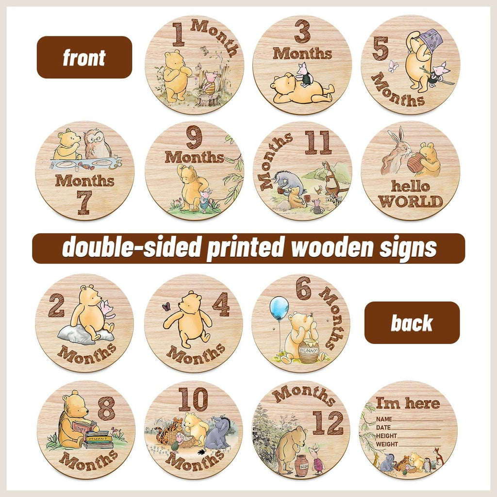 Double-sided printed wooden baby milestone circle signs with month numbers 1–12.