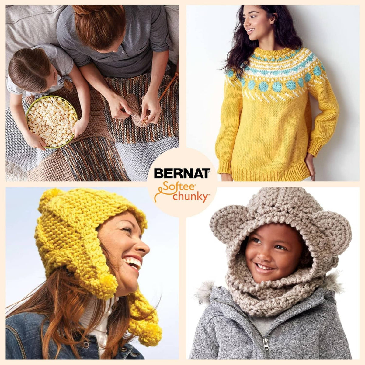People wearing chunky knit hats and sweaters in yellow and gray with braided textures