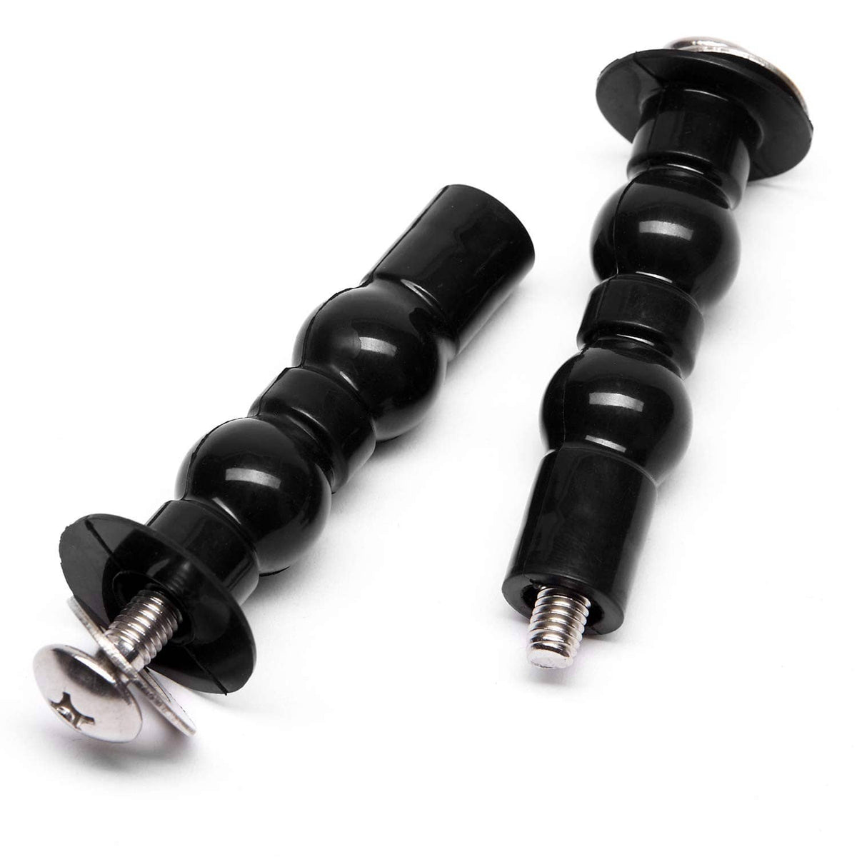 Pair of black toilet seat bolts with metal screws and round washers