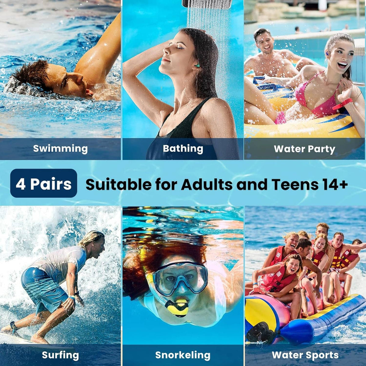 Multiple swimmers wearing silicone ear plugs for water activities