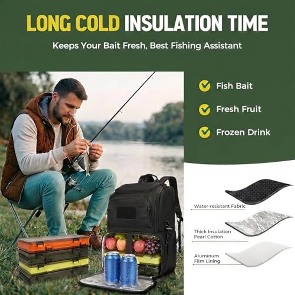 Black insulated fishing backpack with open cooler holding bait and drinks.