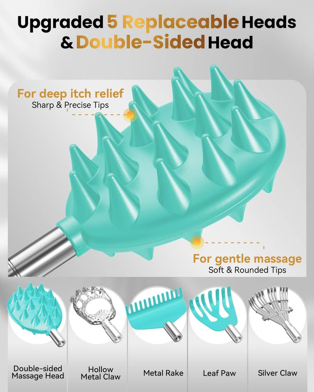Teal double-sided detachable back scratcher head with rounded tips on chrome handle
