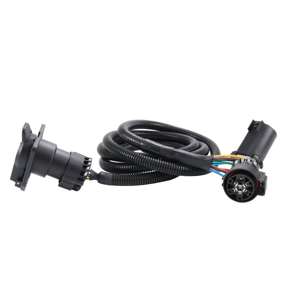 Coiled black trailer wiring harness extension with connector plugs and multi-wire lead