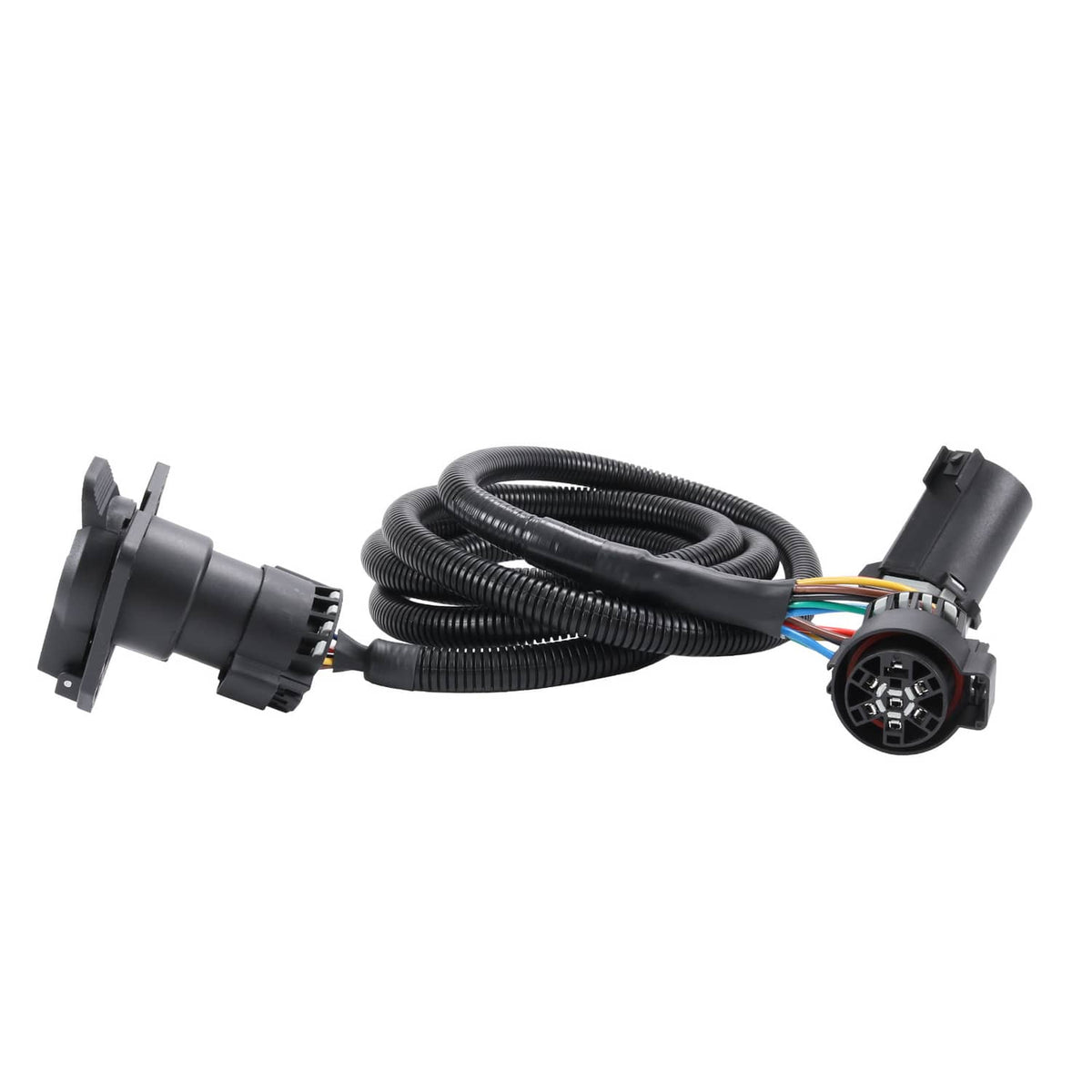 Coiled black trailer wiring harness extension with connector plugs and multi-wire lead