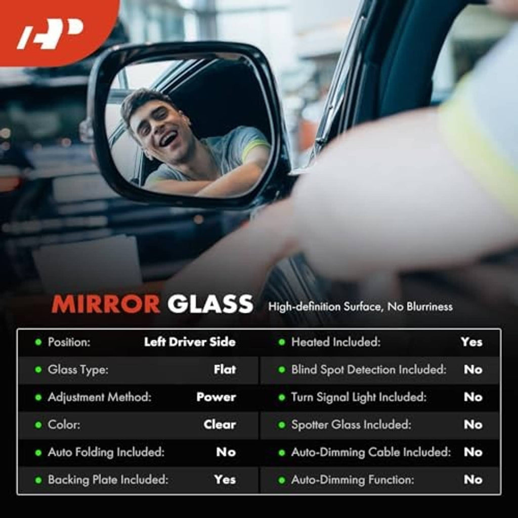 Left driver side heated mirror glass with clear flat lens and black backing frame