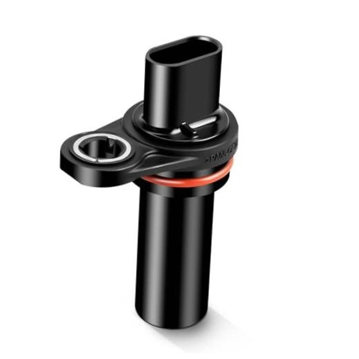 Crankshaft position sensor with black housing and metal tip, circular mounting tab