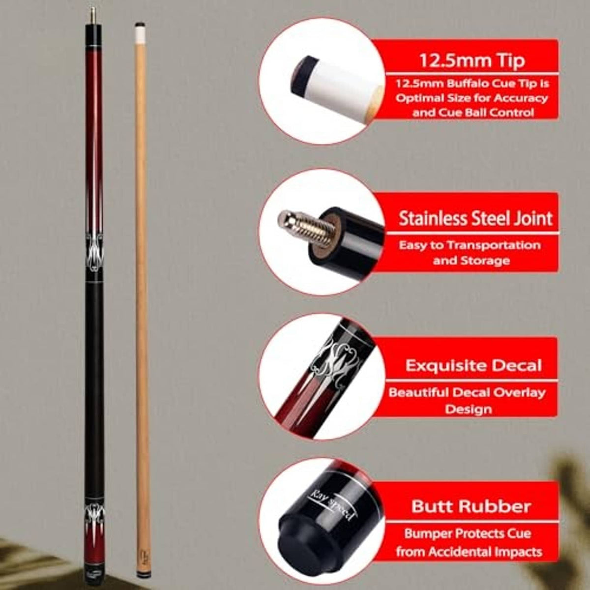 Pool cue parts: red shaft, white tip, metal joint, and black rubber bumper