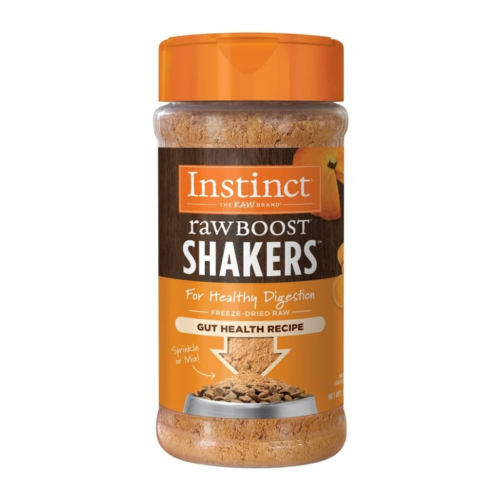 Dog food topper jar with orange cap and brown label; freeze-dried mix inside.