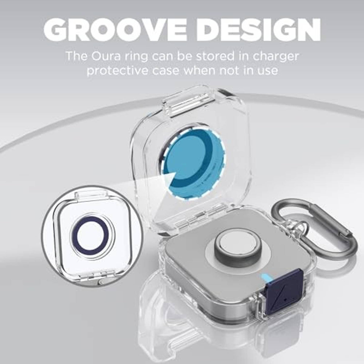 Clear protective case set with gray base, blue lock tab, and carabiner keychain