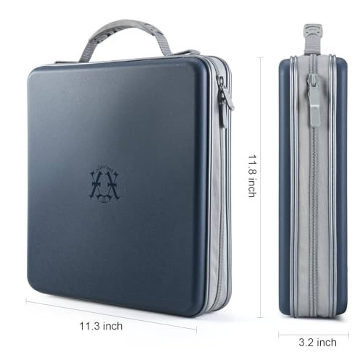 Dark blue hard CD/DVD case with zipper and carry handle, side profile shows thickness.