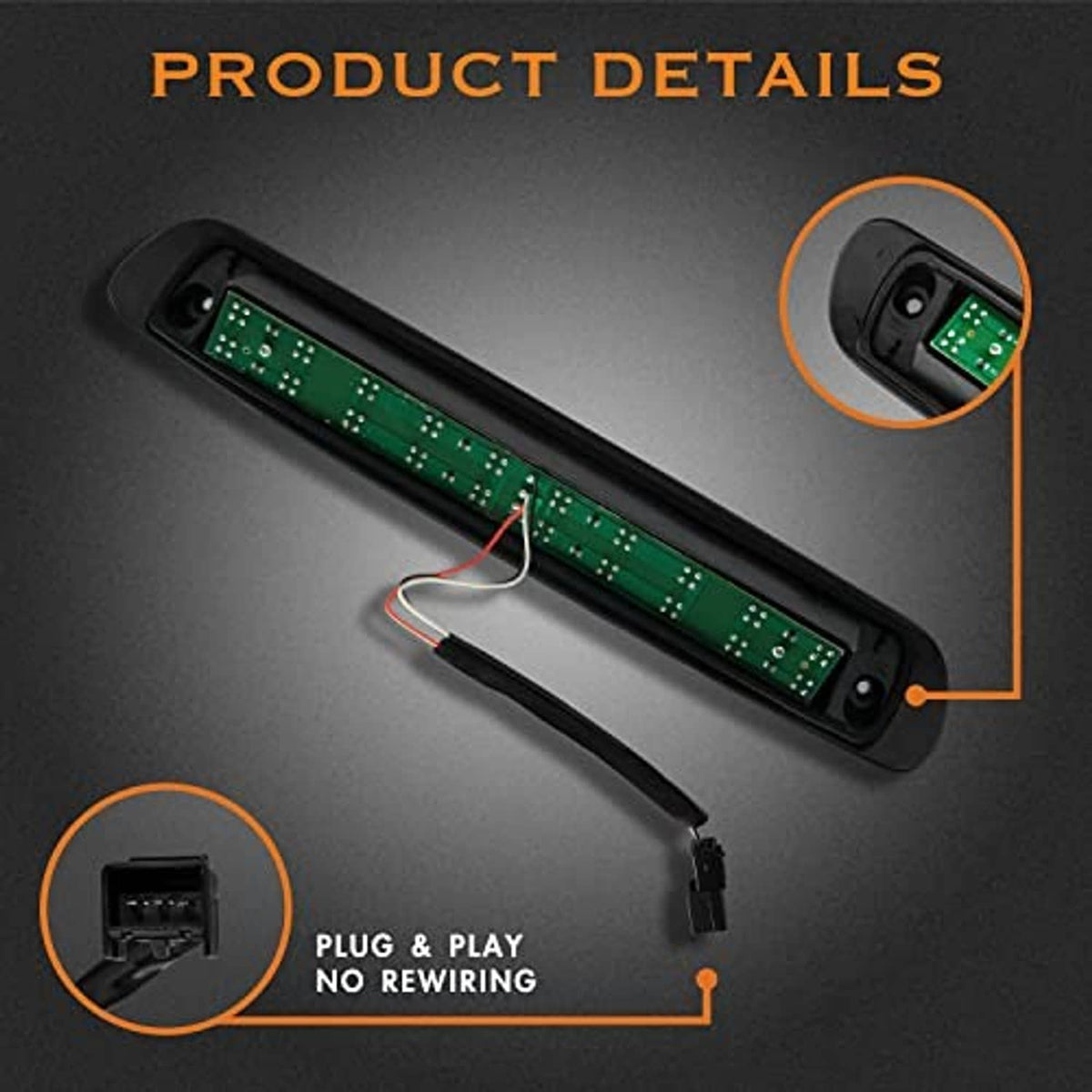 LED high mount stop light internal circuit board and wiring inside black housing
