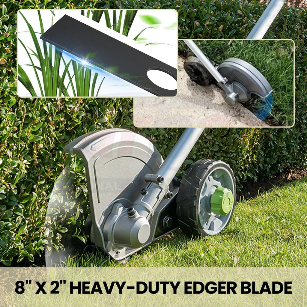 Black edger blade with oval hole used on a grass edge trimmer