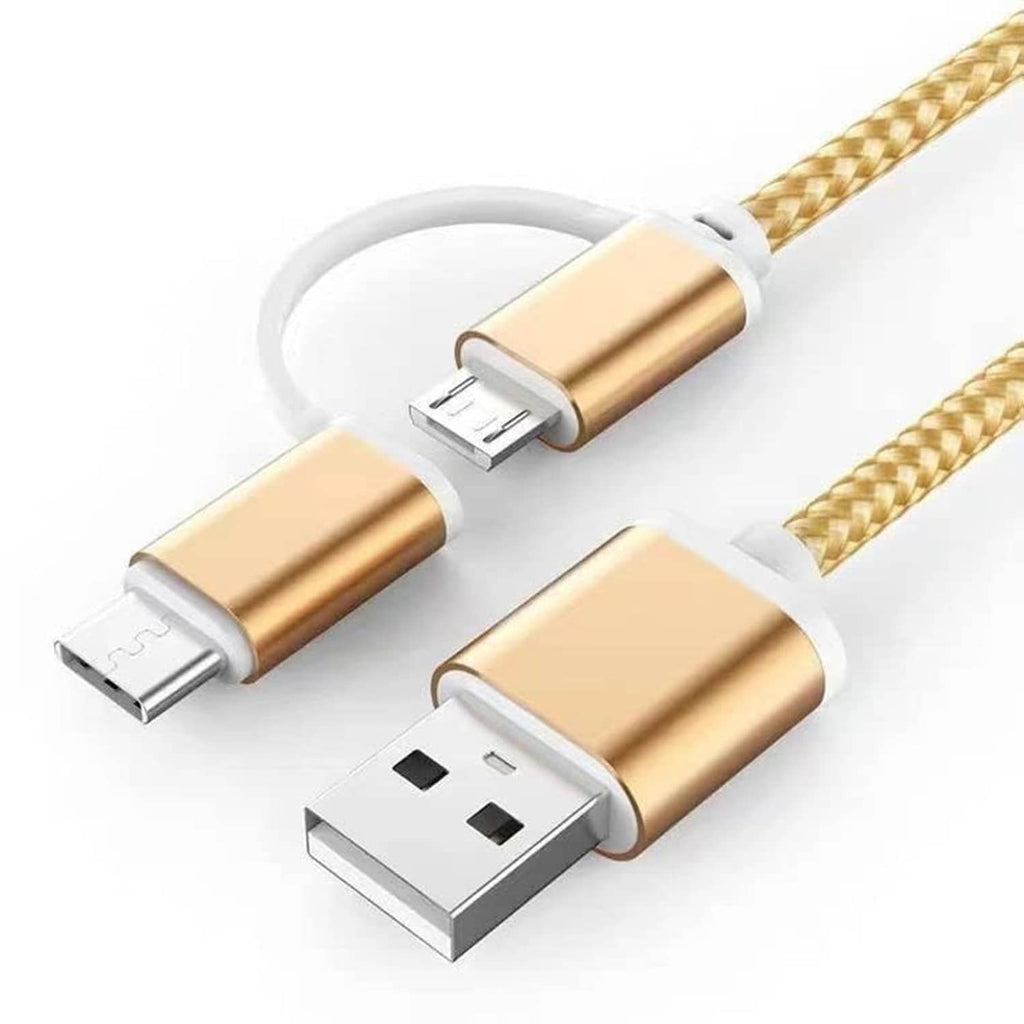 Braided gold cable with USB-A connector ends and curved white guide for routing