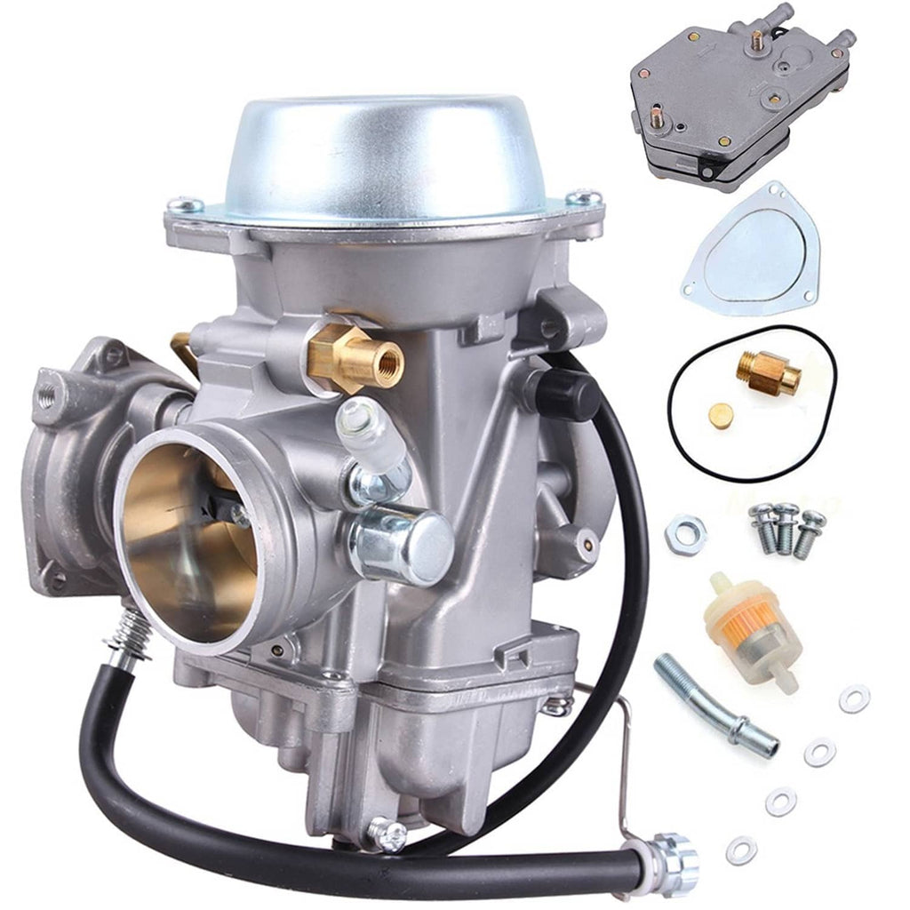 Carburetor and fuel pump assembly with silver body, air horn, hoses, and included parts