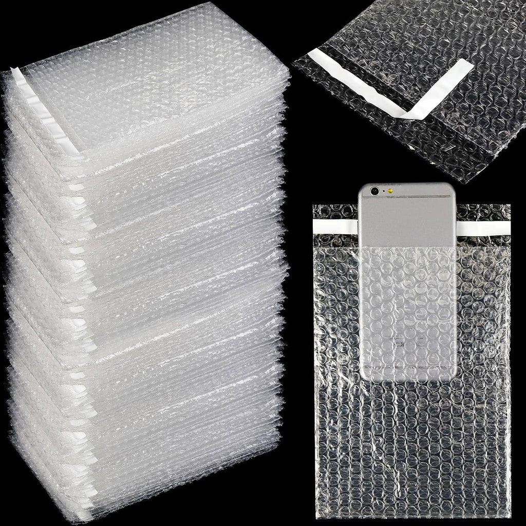 Stack of clear bubble mailer bags with self-adhesive flap and phone protection