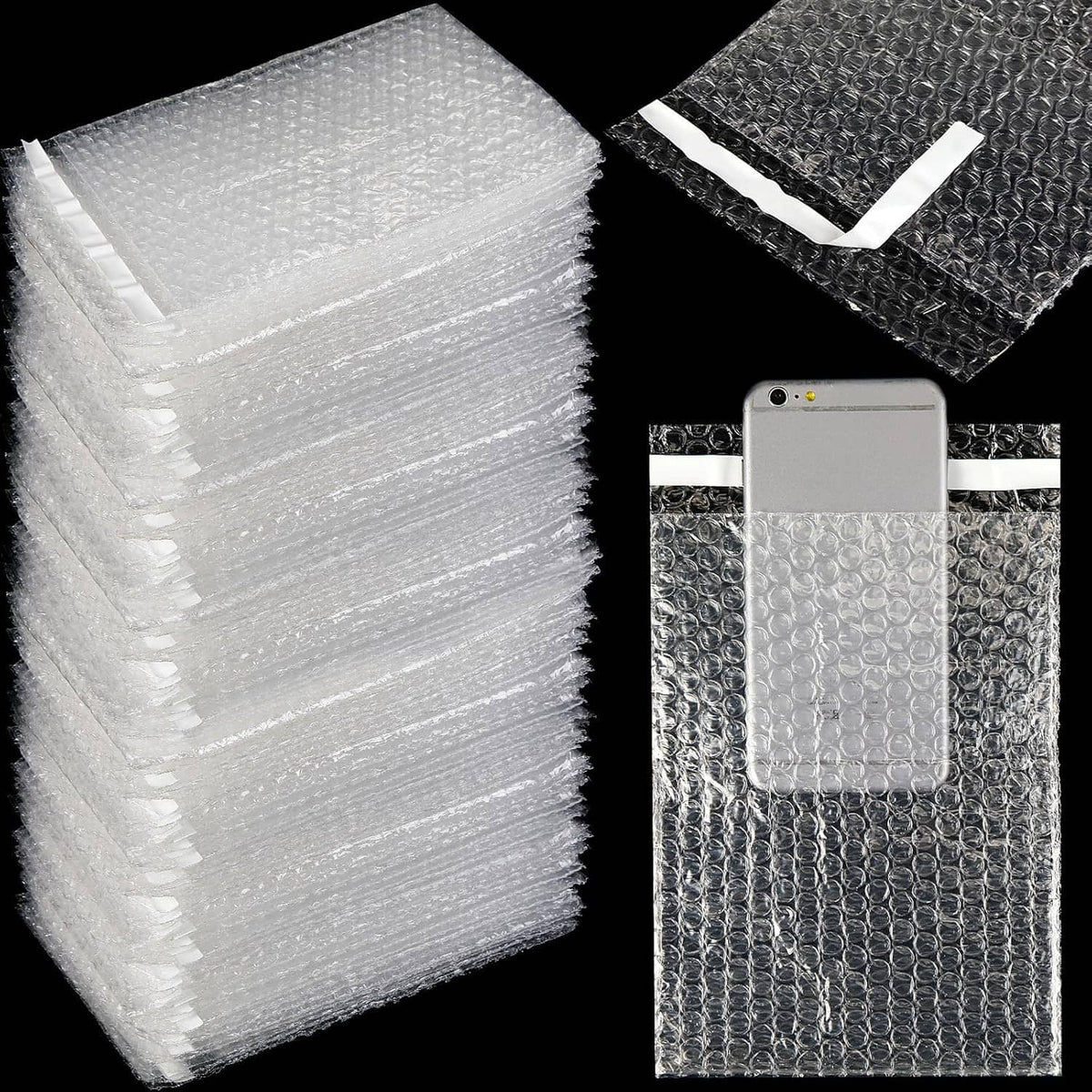 Stack of clear bubble mailer bags with self-adhesive flap and phone protection