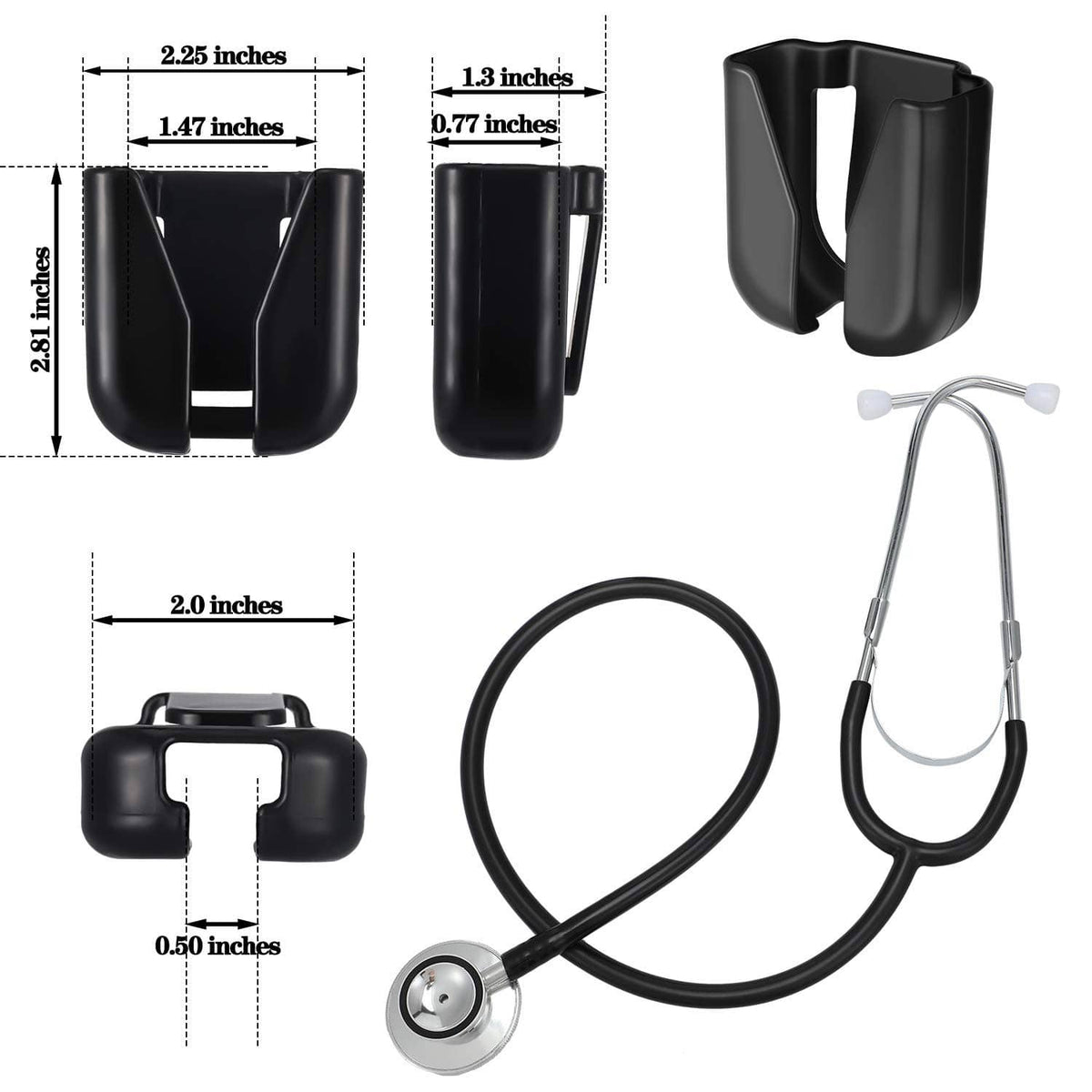 Black plastic stethoscope holder clip holster with belt attachment, with size diagram