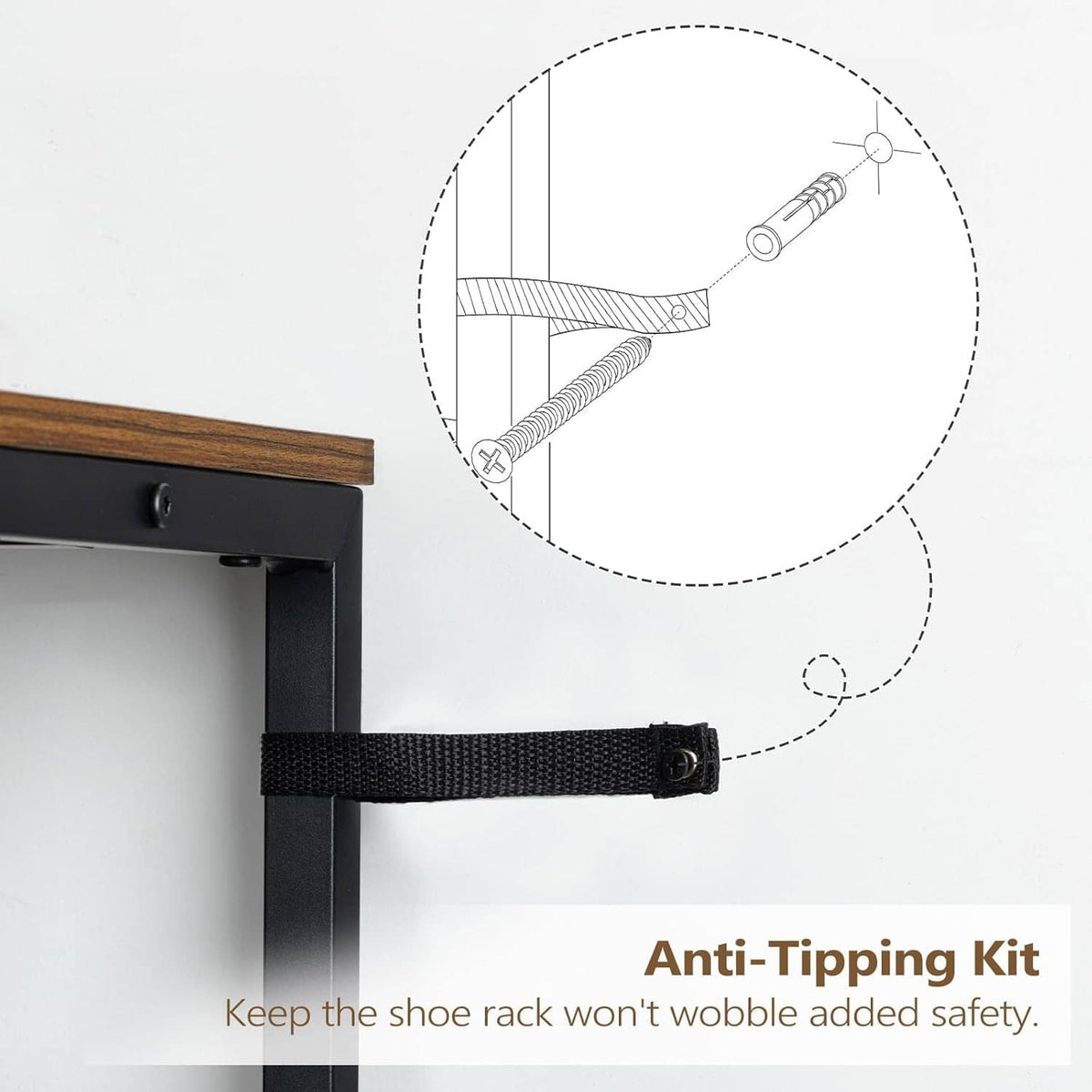 Anti-tipping kit area on a black shoe rack organizer with wooden top and gray shelves.