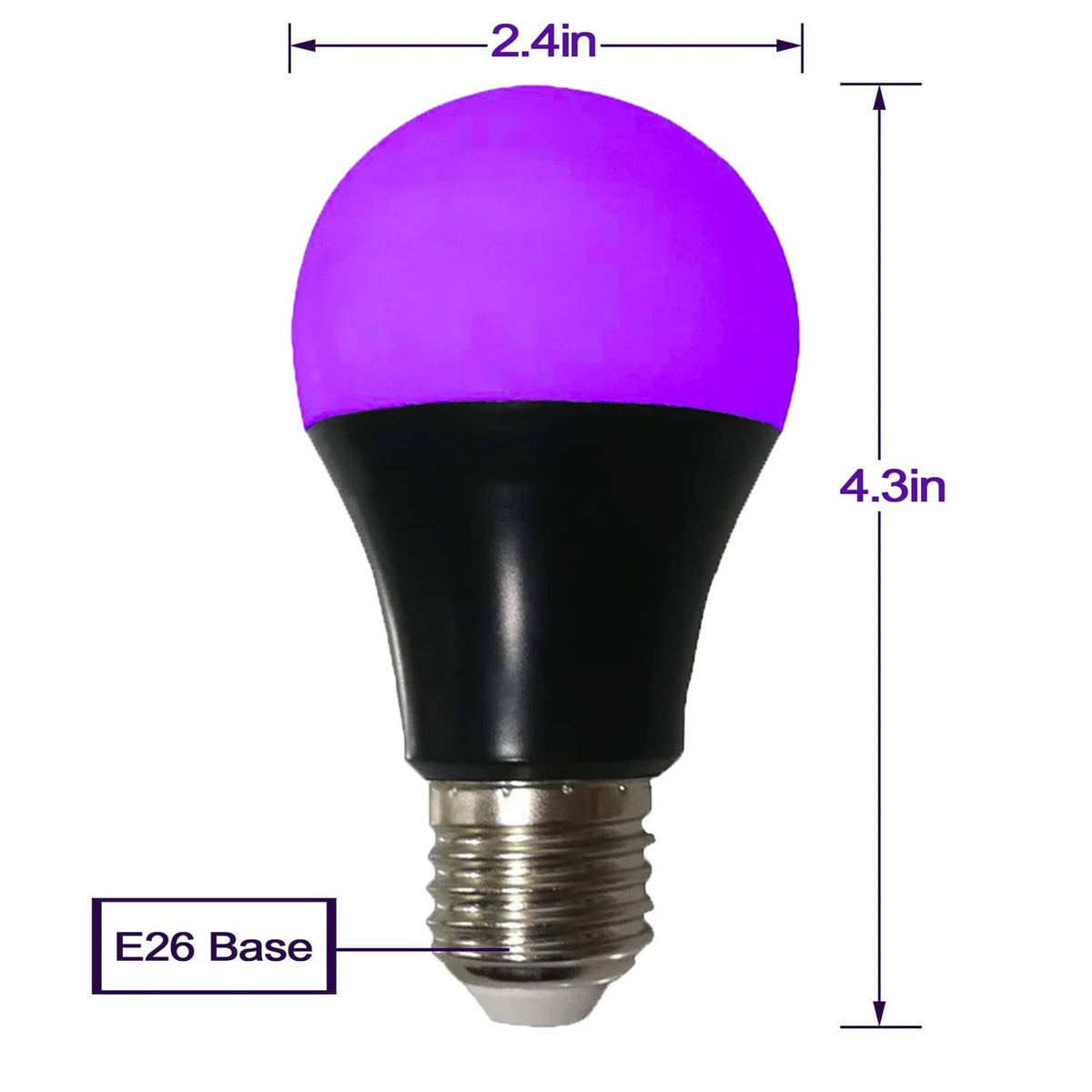 A19 E26 UV LED blacklight bulb with purple dome and metal screw base