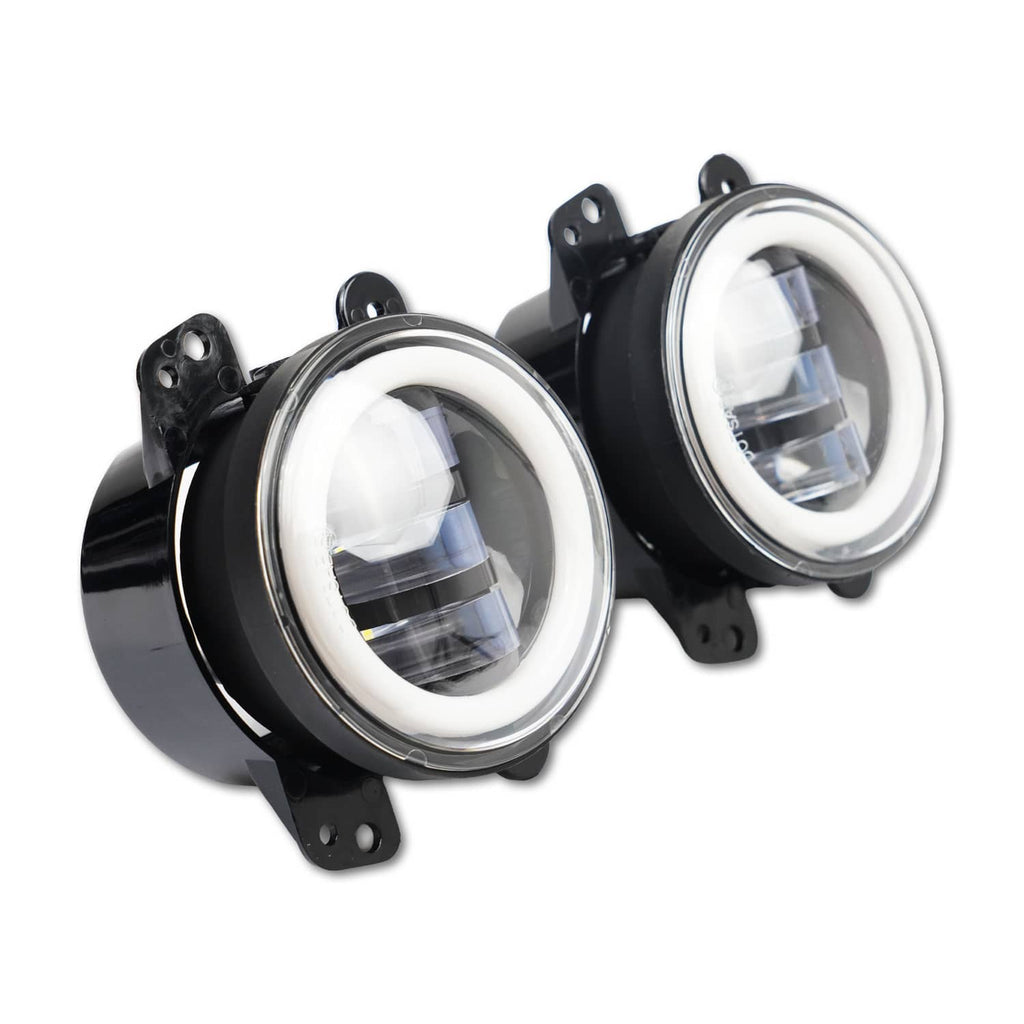Pair of round LED headlights with clear lenses, chrome rings, black housings