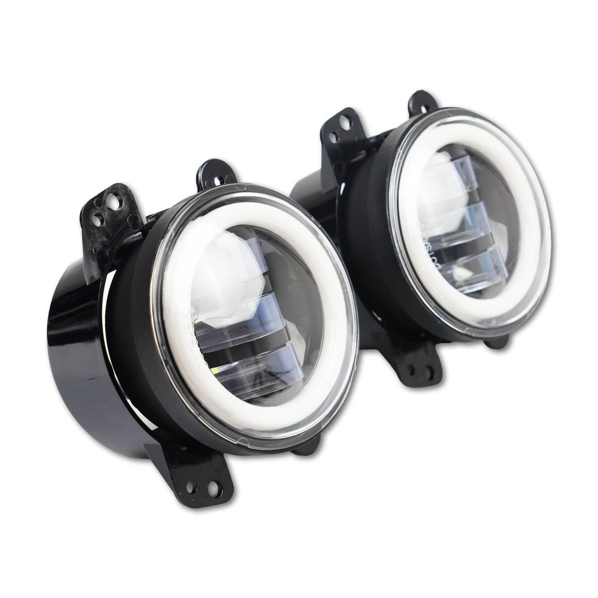 Pair of round LED headlights with clear lenses, chrome rings, black housings