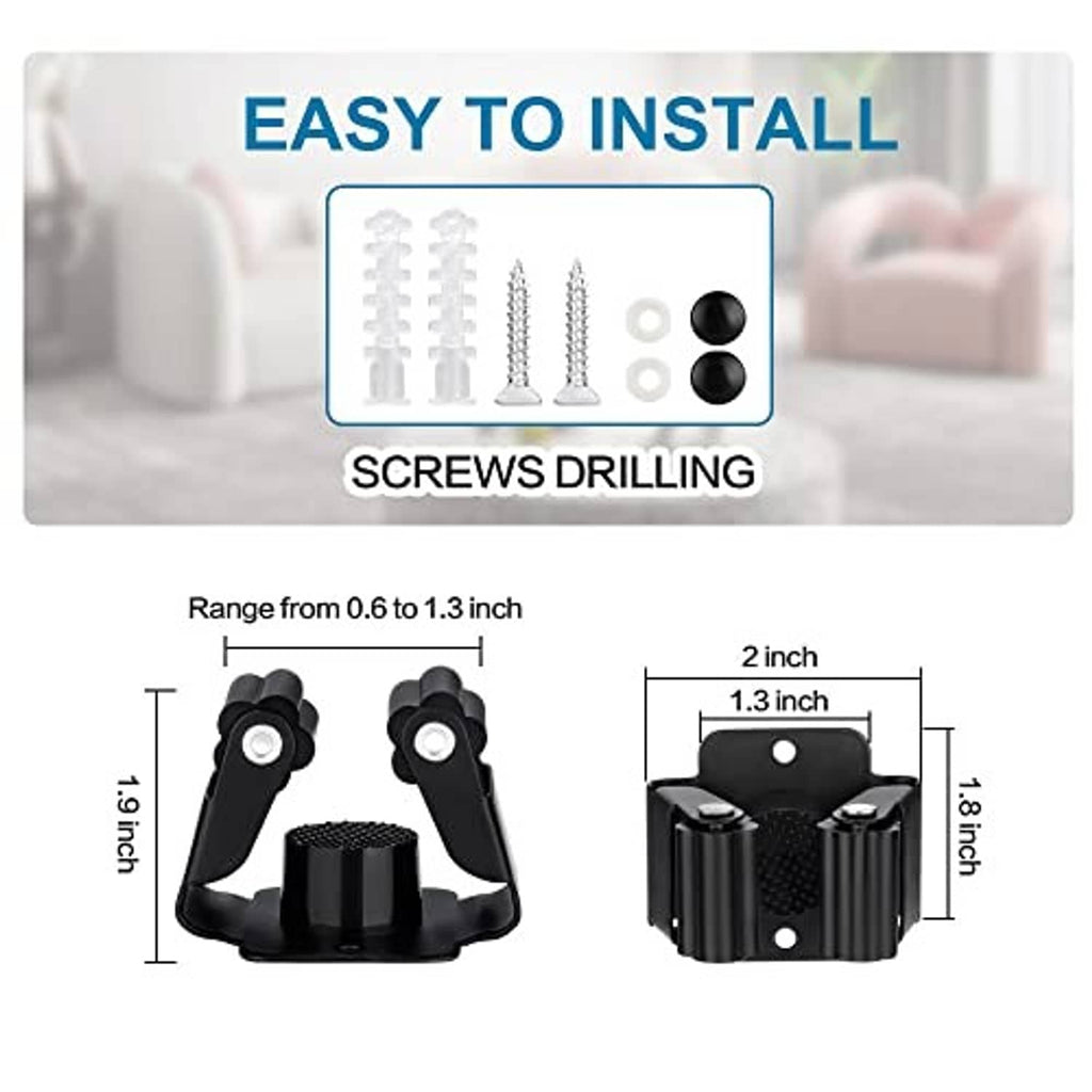 Broom and mop holder clamp set with black base and size diagram for mounting