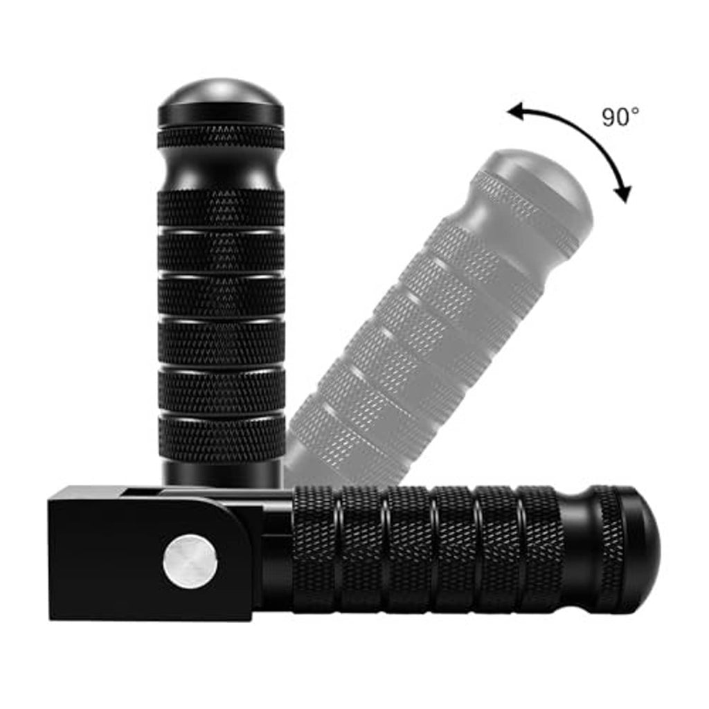 Black foldable motorcycle foot peg with textured knurled grip and angled tip